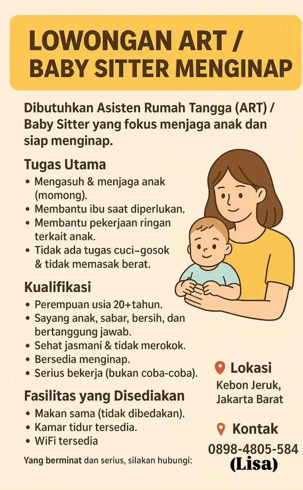 Dibutuhkan ART/BabbySitter menginap