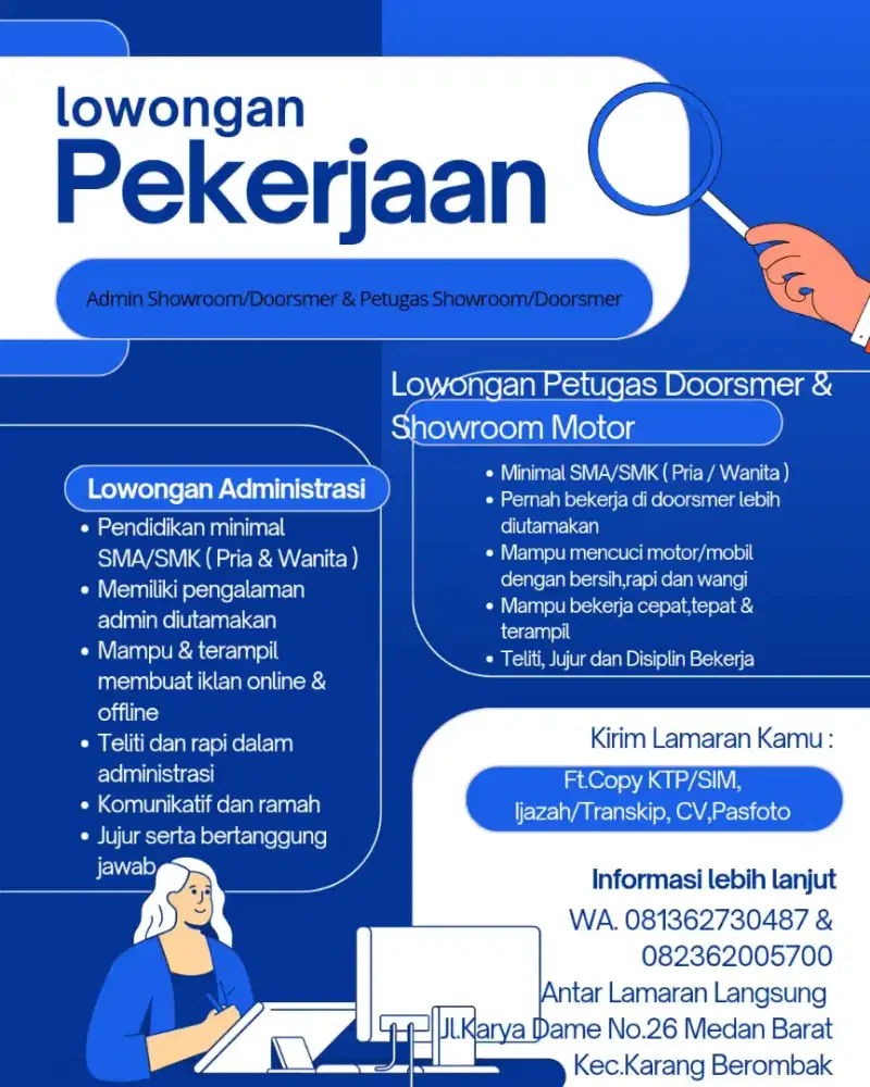 Lowongan Kerja Secepatnya Admin, Petugas Shoowrom & Doorsmer Medan