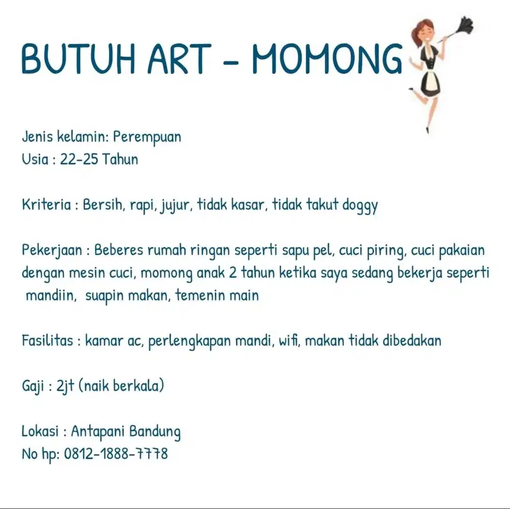 Loker ART Menginap + momong