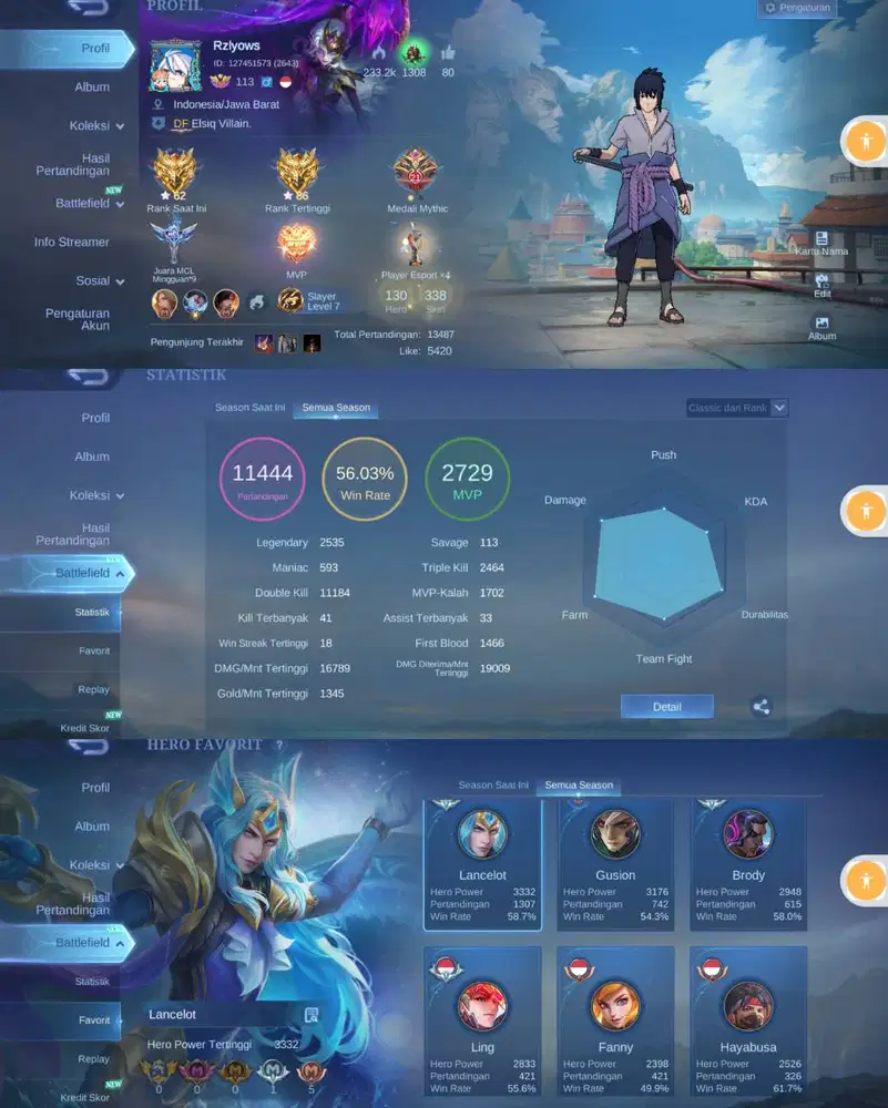 Akun pribadi, 1.5, skin 330+ , pensi.