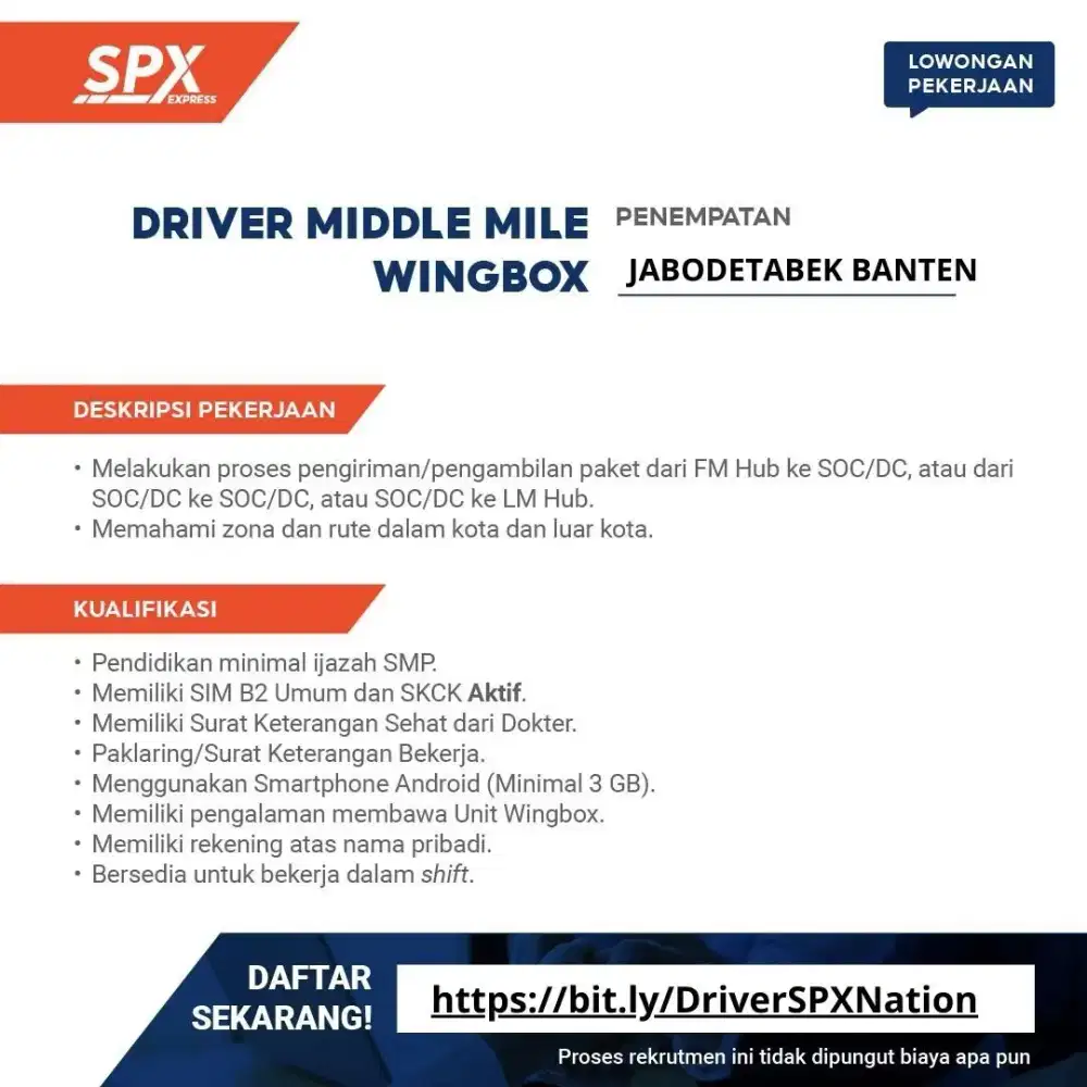 Di butuhkan driver spx untuk penempatan seusai domisili boleh hubungin