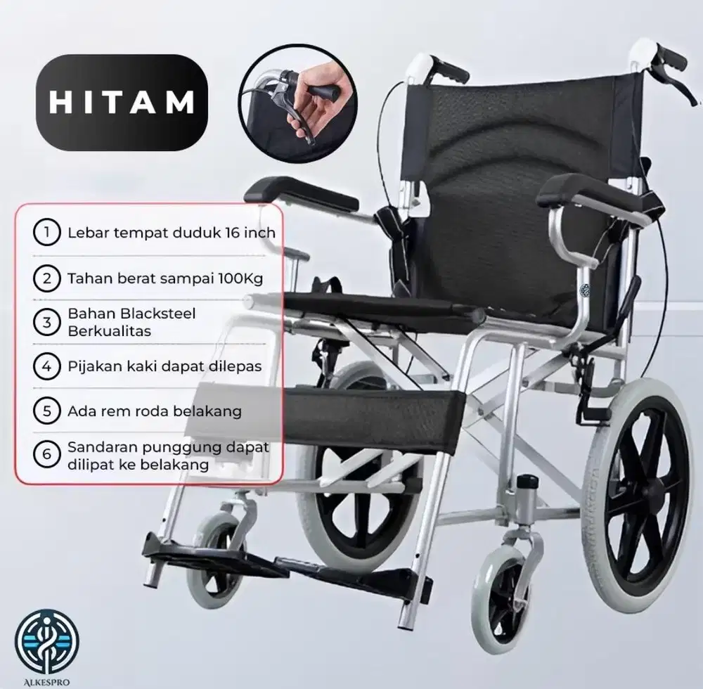 Kursi Roda Lipat 16 Inch Alkespro - Beban Max 100 Kg