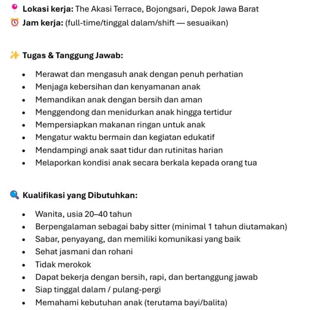 Dibutuhkan Baby Sitter Bayi umur 9 bulan