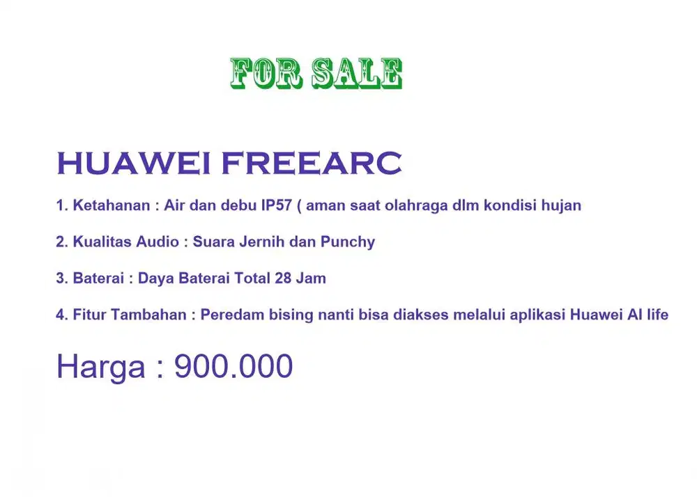 For Sale :  HUAWEI FREEARC   1. Ketahanan : Air dan debu IP57 ( aman s