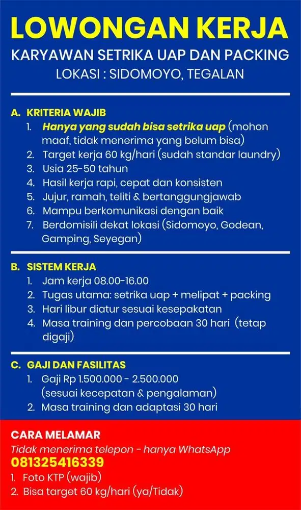 Lowongan Tukan Setrika Uap