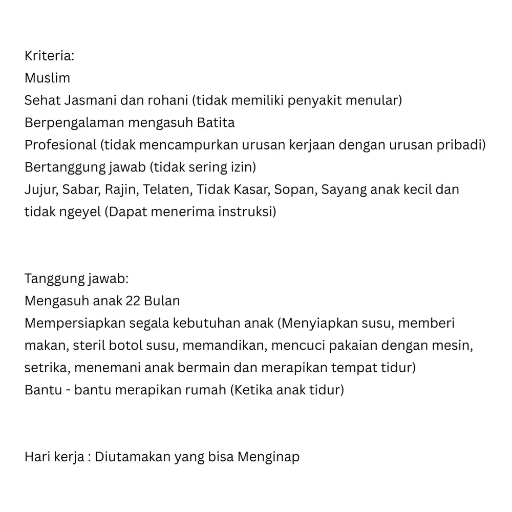 Dibutuhkan Pengasuh Baby Sitter - Puri permata cipondoh
