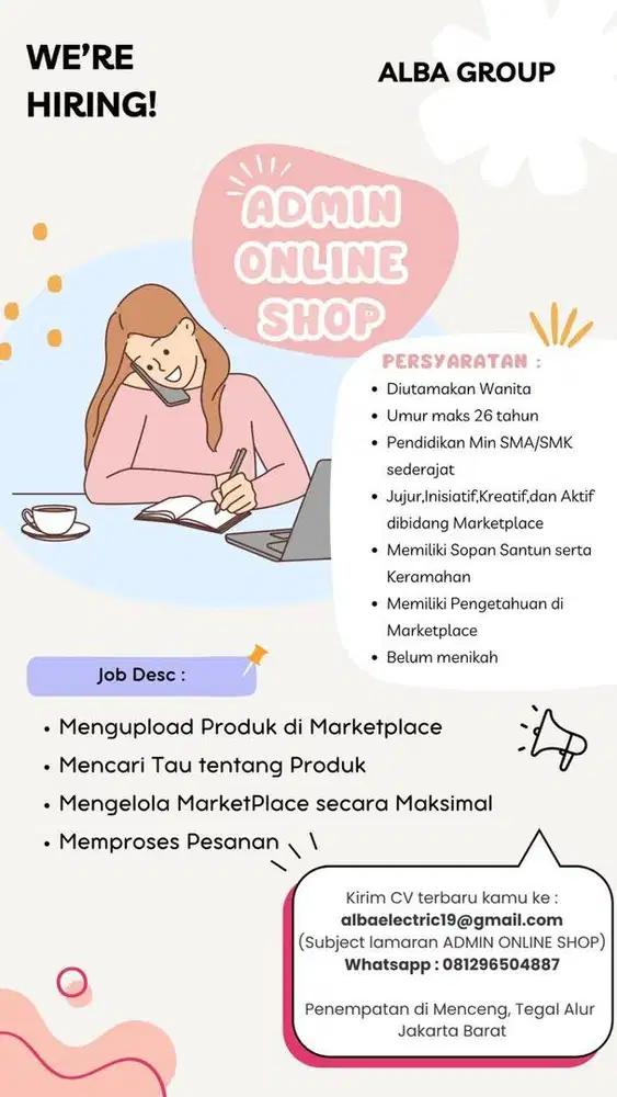 Lowongan kerja Admin online shop tegal alur kalideres jakarta barat