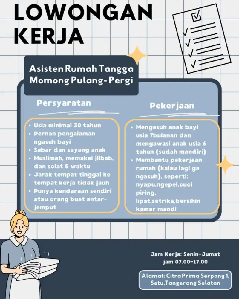 Dibutuhkan ART momong Pulang Pergi