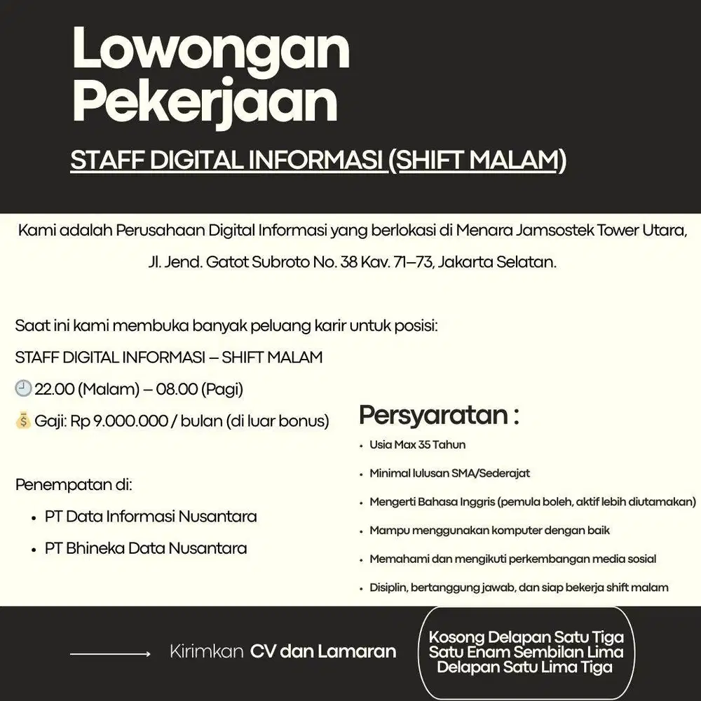 DIBUTUHKAN SEGERA – STAFF DIGITAL INFORMASI (SHIFT MALAM)