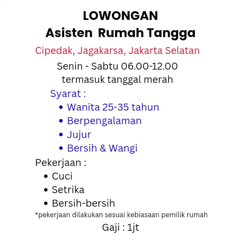 LOWONGAN PEMBANTU /ART