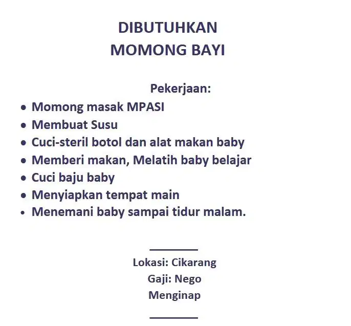 Dibutuhkan MOMONG BAYI/Baby/Babysitter