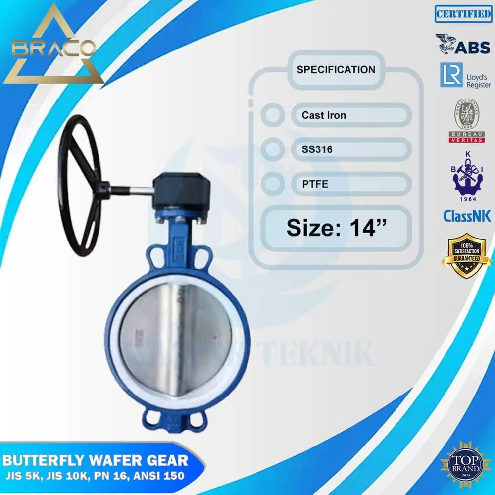 BUTTERFLY VALVE WAFER TYPE GEAR OPT PTFE DN350 BRACO