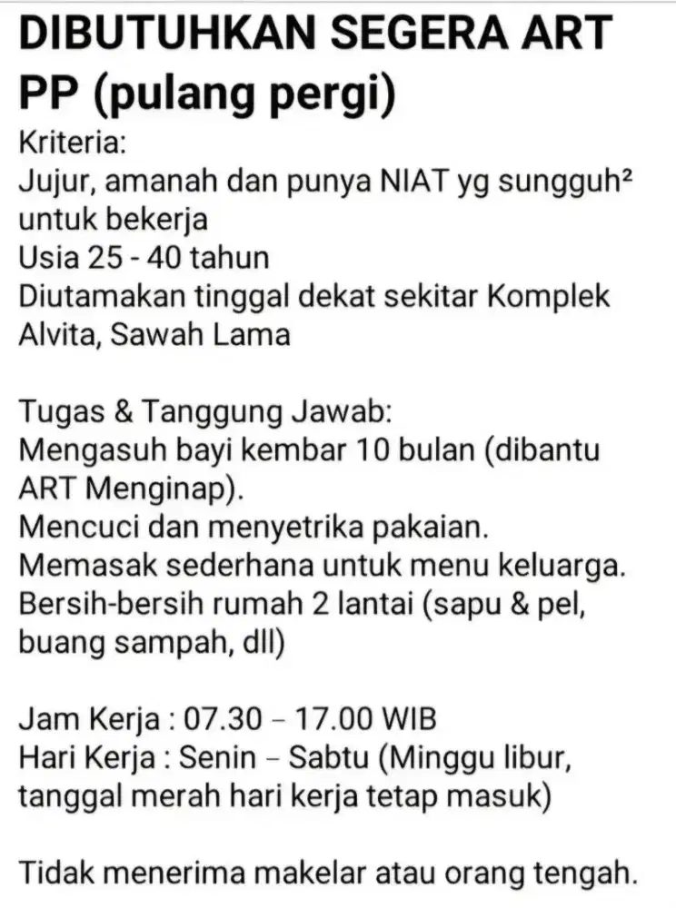 Dibutuhkan ART PP area komplek alvita sawah lama ciputat