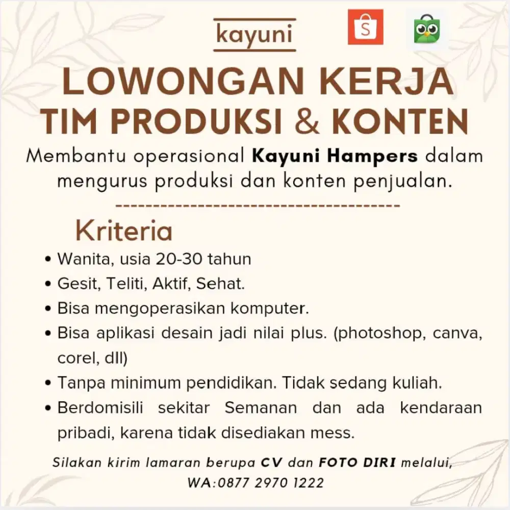 lowongan kerja tim produksi dan konten - Loker wanita