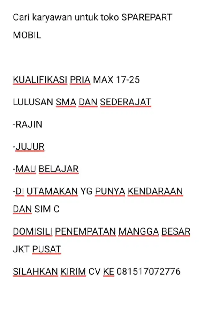 Cari KARYAWAN UNTUK TOKO SPAREPART