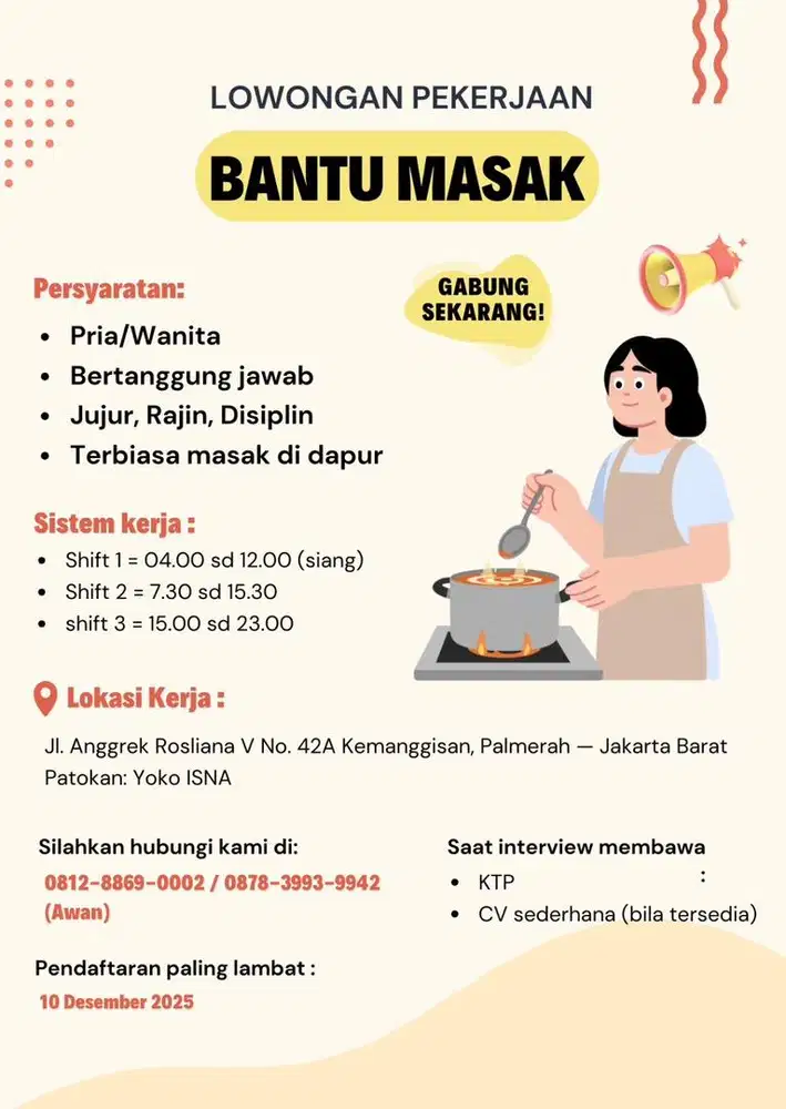 Lowongan kerja bagian dapur besar untuk cafe