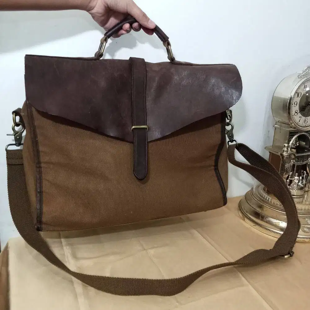 Tas Selempang Zapatos Kanvas Kulit Coklat Vintage