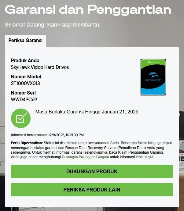 1TB SkyHawk Video Hard Drives  ST1000VX013 Garansi s/d 21 Januari 2029