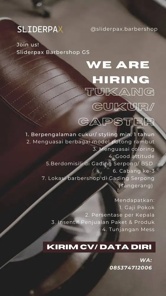 Lowongan Kapster/ Tukang Cukur Sliderpax Gading Serpong