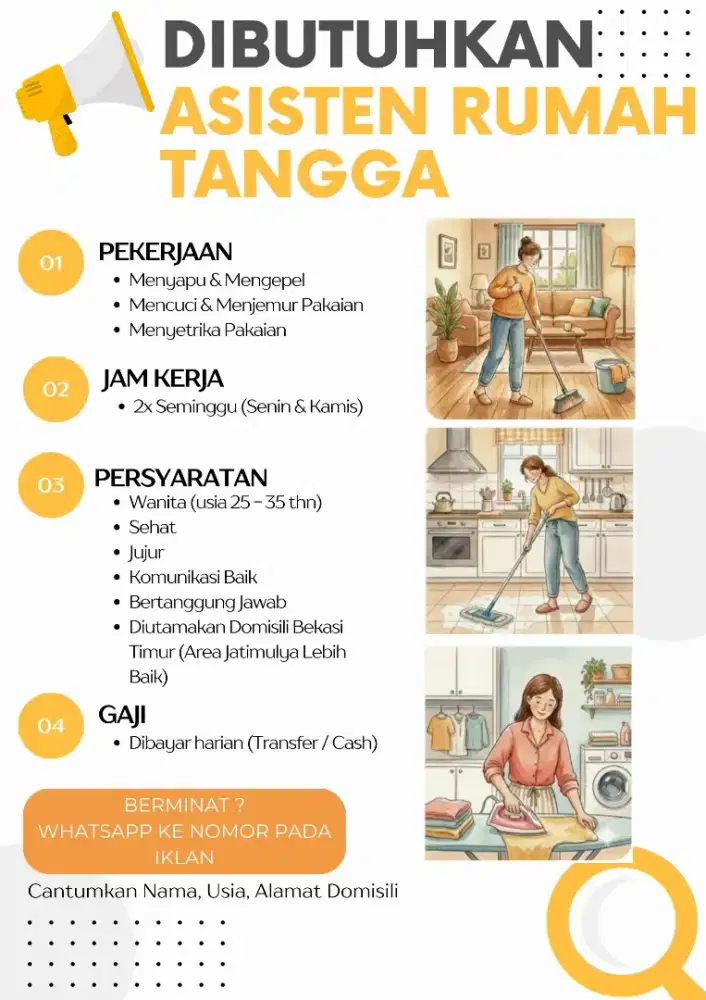Dibutuhkan Asisten Rumah Tangga Harian - Area Bekasi Timur/Jatimulya