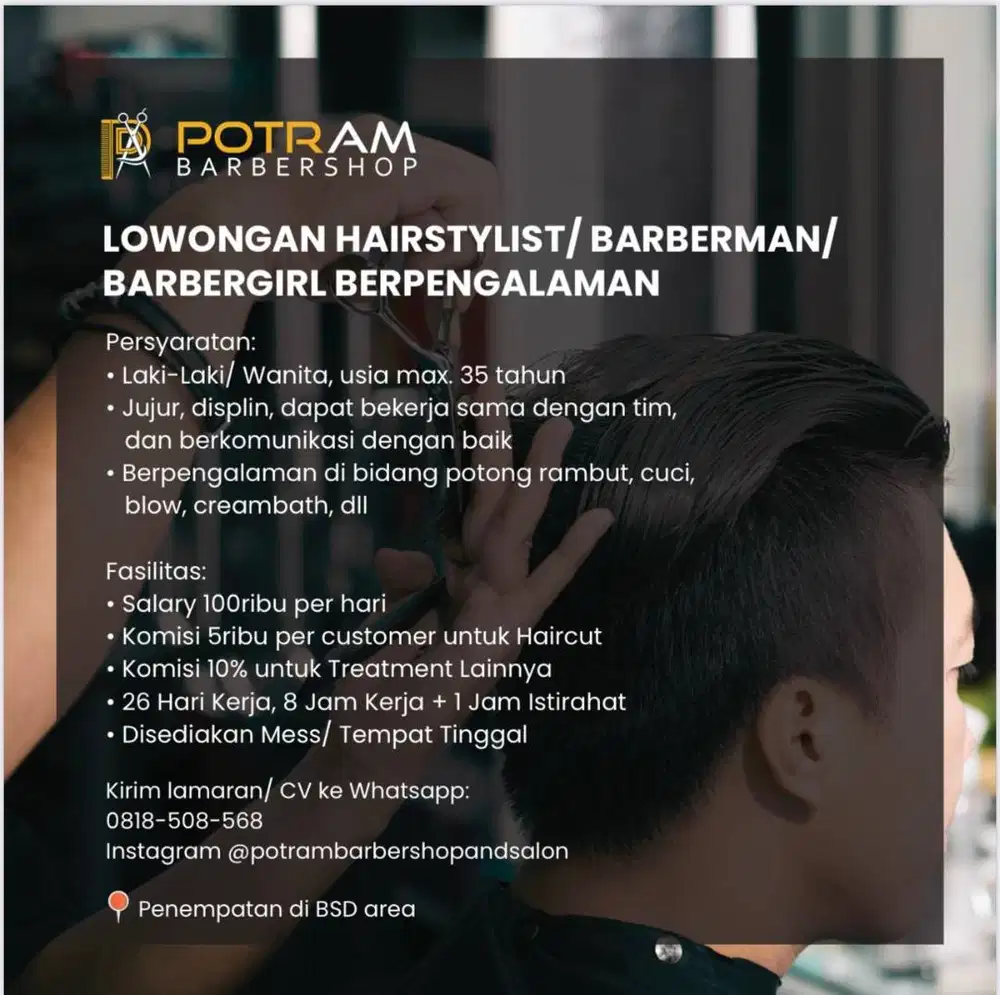 LOWONGAN KERJA (LOKER) BARBERMAN/ WOMAN/ HAIRSTYLIST/ TUKANG CUKUR