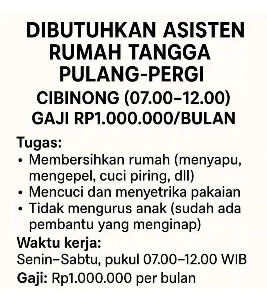 Loker Asisten Rumah Tangga PP