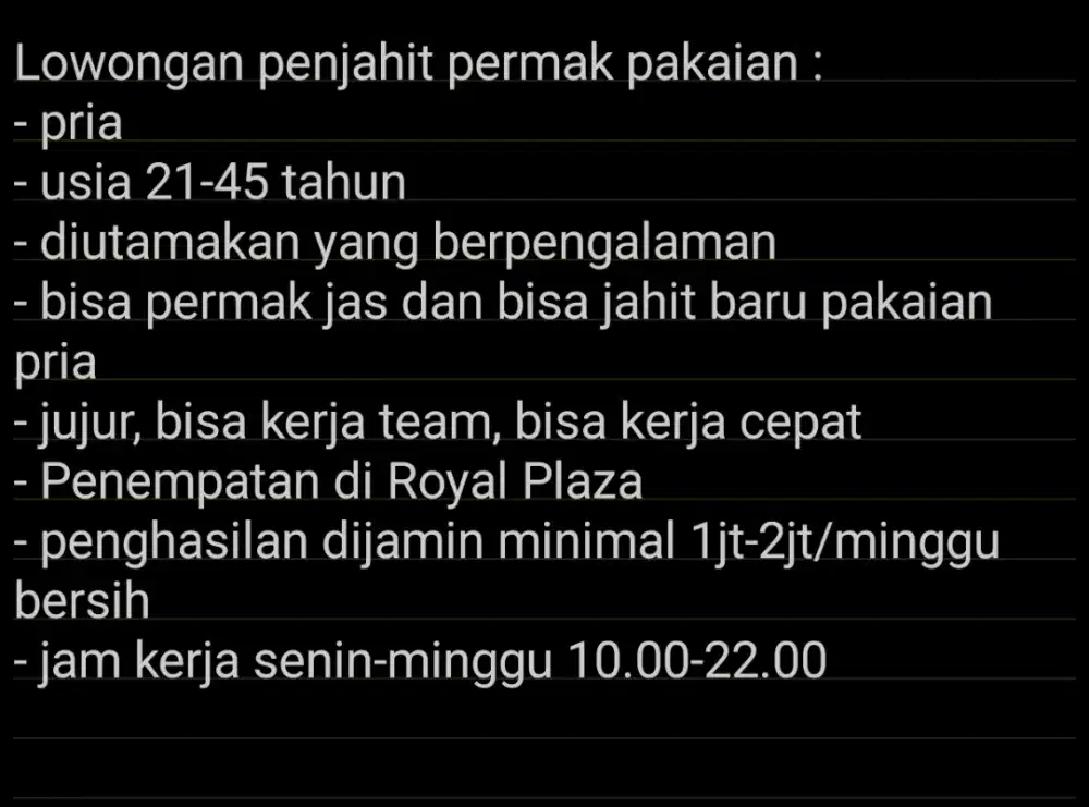 Lowongan penjahit permak penghasilan dijamin tinggi