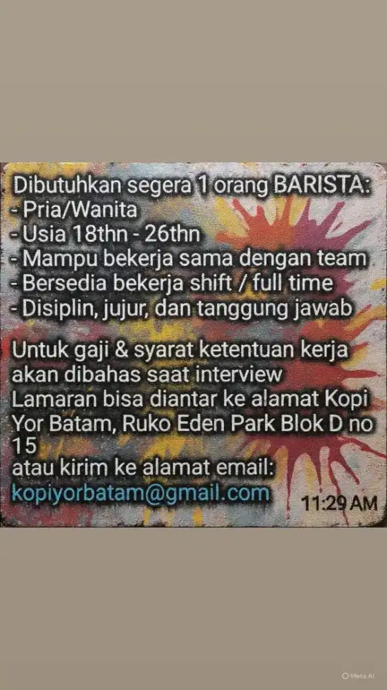 Dibutuhkan karyawan di Kopi Yor Batam