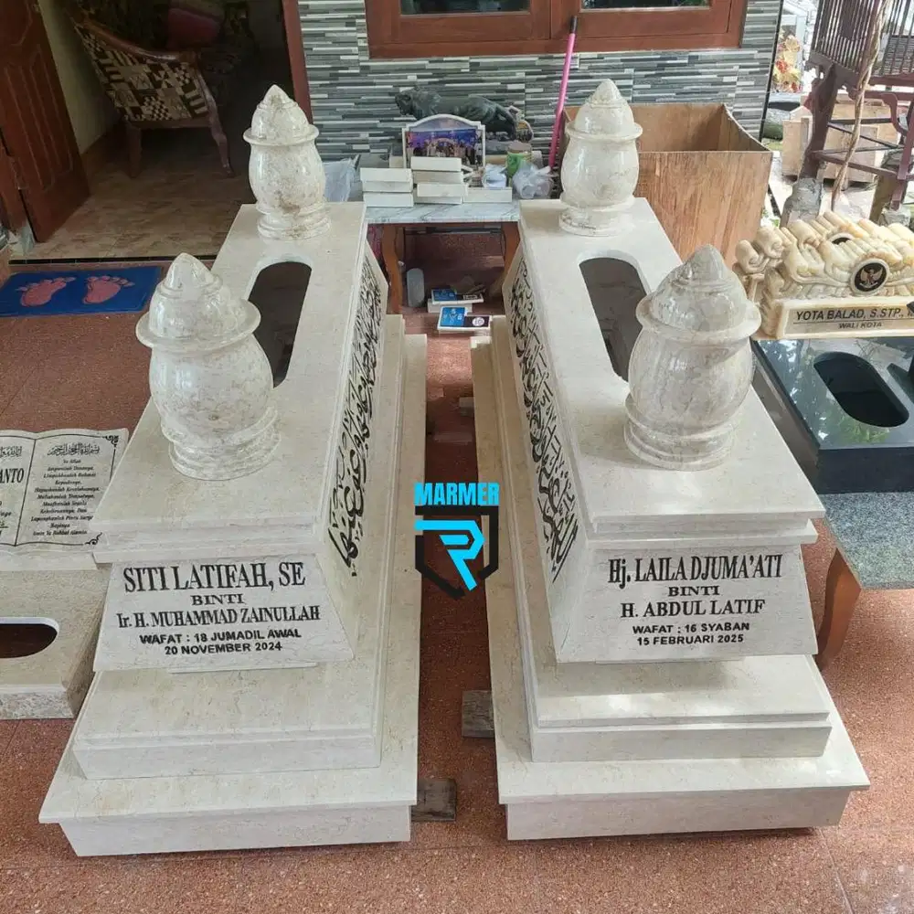 Kijing batu marmer putih ujung pandang mengkilap glossy