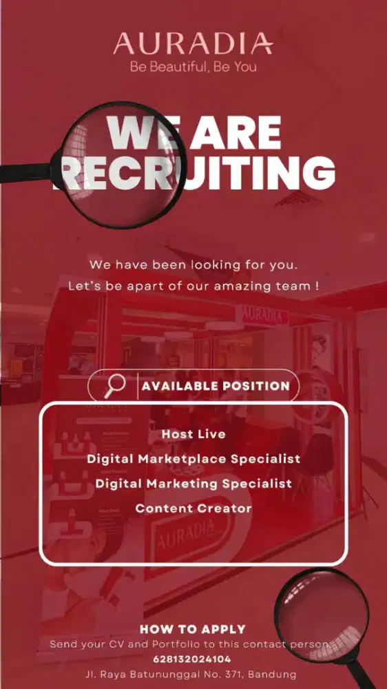 Dibutuhkan segera untuk bergabung dengan PT.AURADIA PILAR SKINCARE