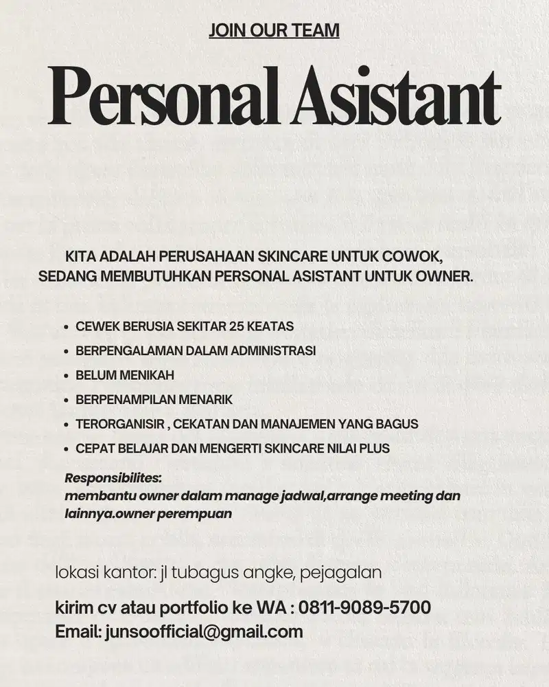 DIBUTUHKAN PERSONAL ASISTANT