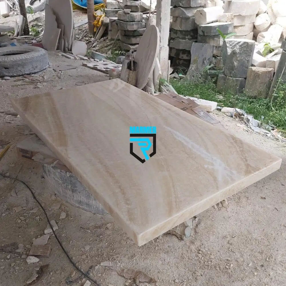 Top table batu onix putih motif alur kilap glossy