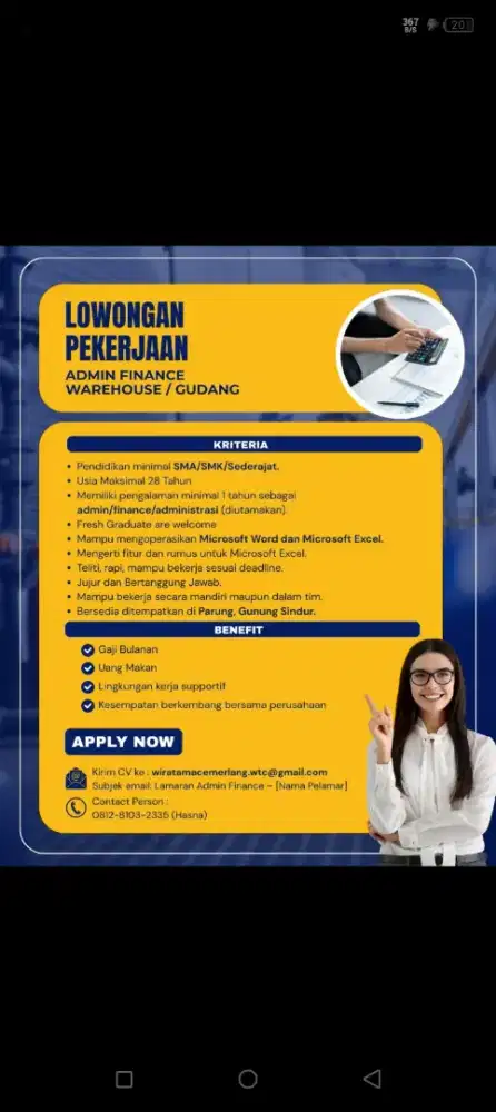 Di butuhkan admin finance