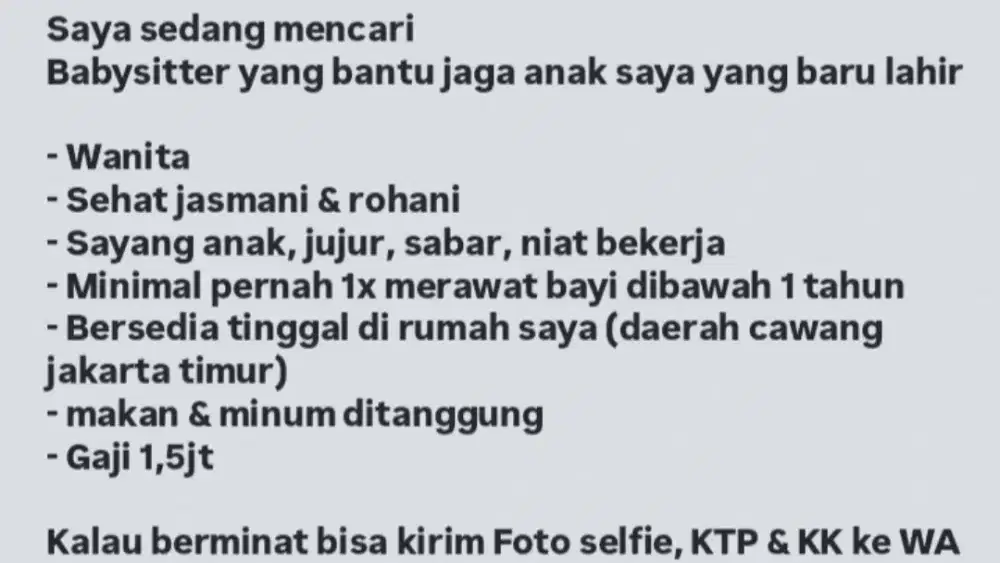 Dicari Baby Sitter yang sayang anak