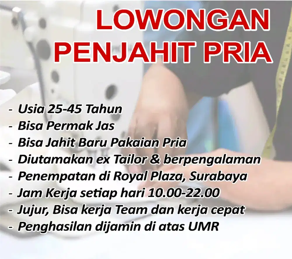 Lowongan penjahit permak penghasilan dijamin tinggi