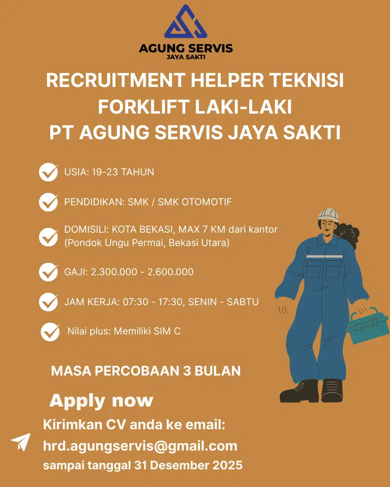RECRUITMENT HELPER TEKNISI FORKLIFT LAKI-LAKI PT ASJS