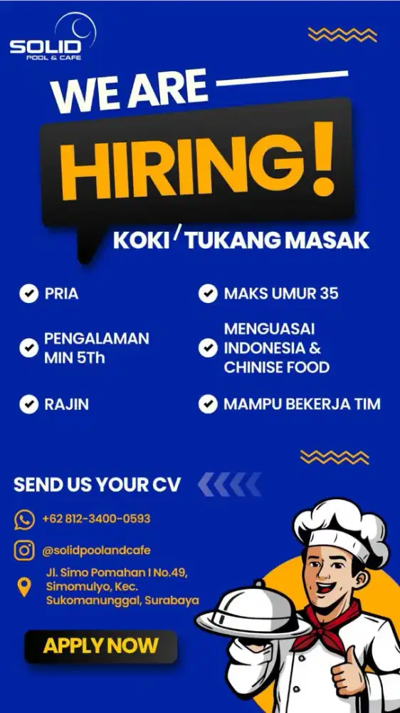 Di cari koki berpengalaman