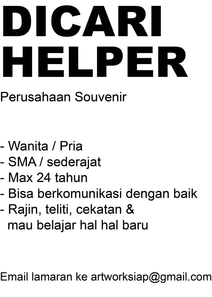 DICARI  HELPER untuk perusahaan souvenir