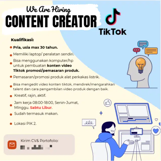Dicari content creator kreatif, aktif, pemasaran produk