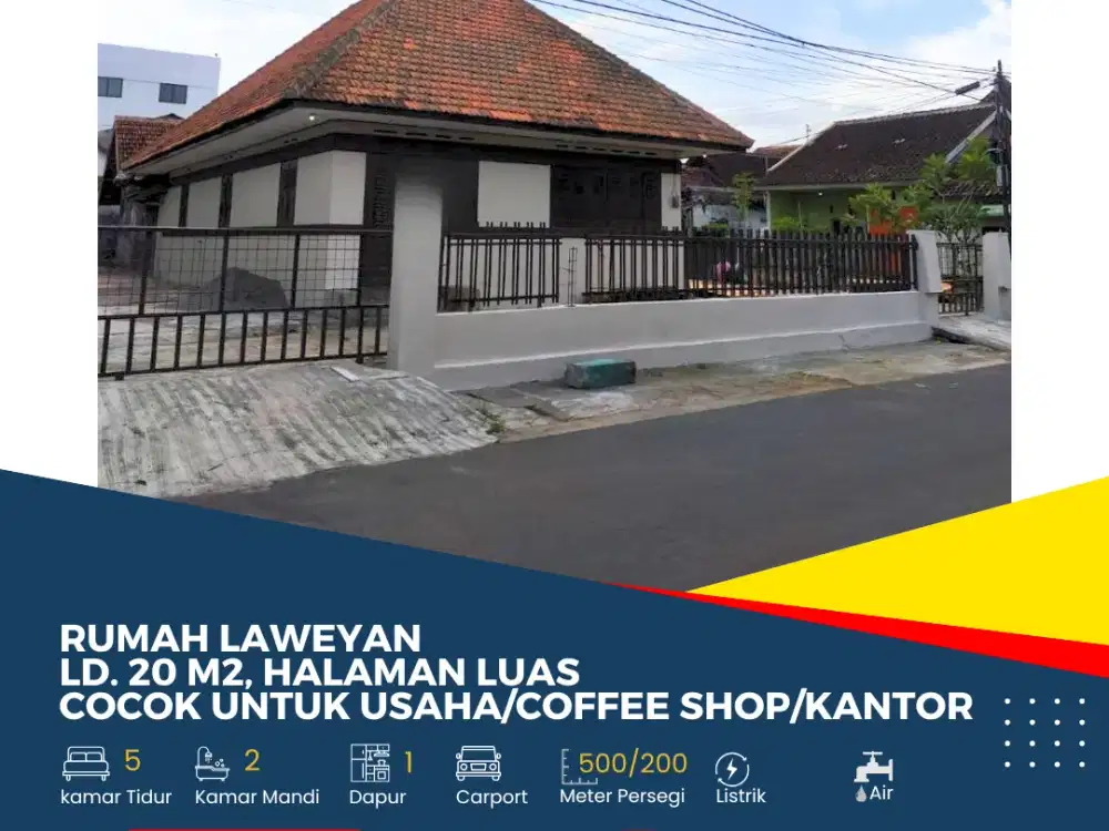 Rumah Laweyan Ld. 20 m2 Halaman Luas Cocok untuk Usaha/Coffee Shop/Kantor