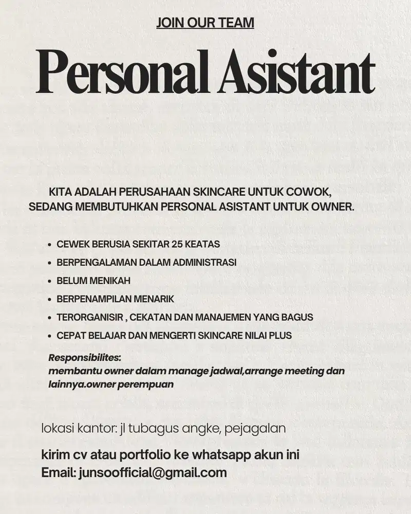 DIBUTUHKAN PERSONAL ASISTANT