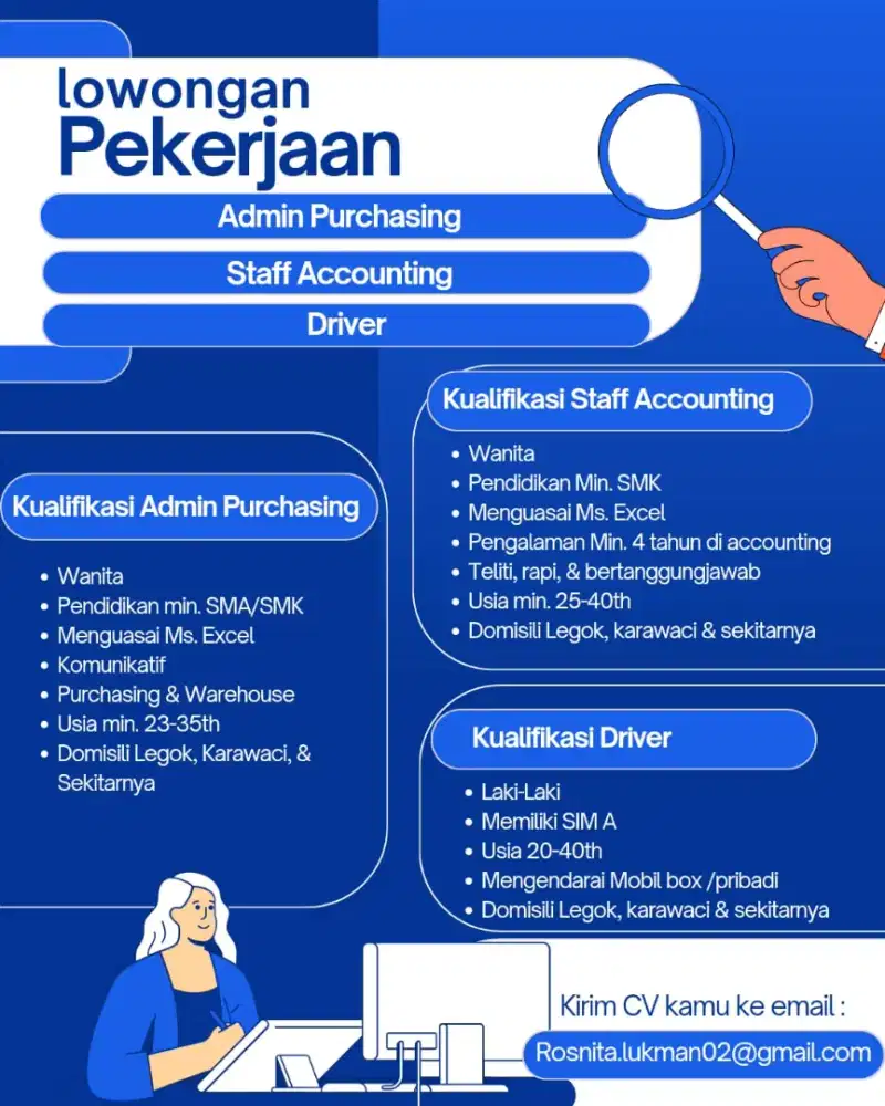 Dibutuhkan Segera Admin Purchasing, Staff Accounting, Driver