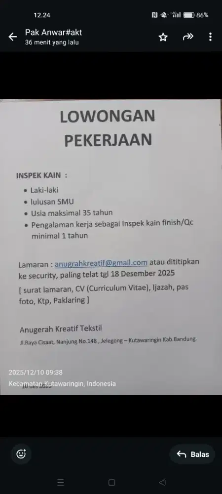 LOWONGAN KERJA DI BUTUHKAN CEPAT