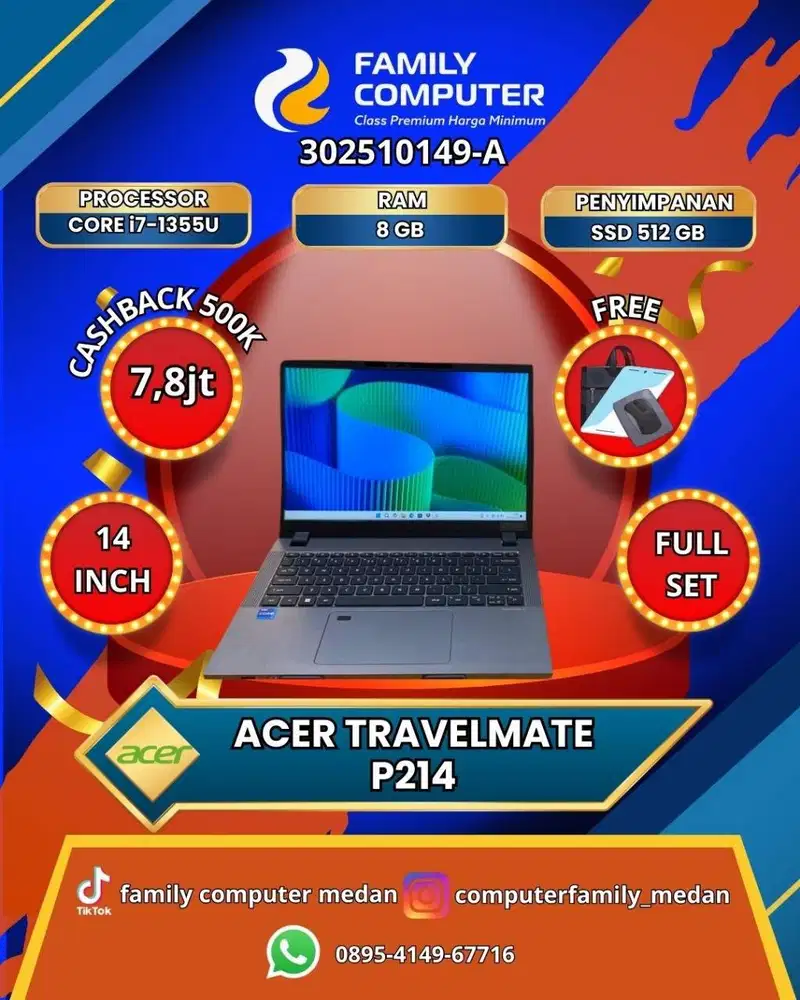 ACER TRAVELMATE P214 I7 GEN 13 RAM 8GB SSD 512GB FULLSET-GARANSI RESMI