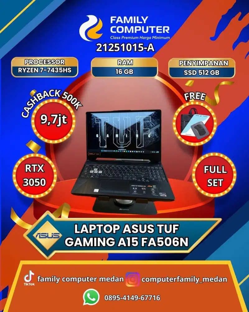TUF GAMING A15 RYZEN 7-7435HS 16GB SSD 512GB RTX 3050 FULLSET GARANSI