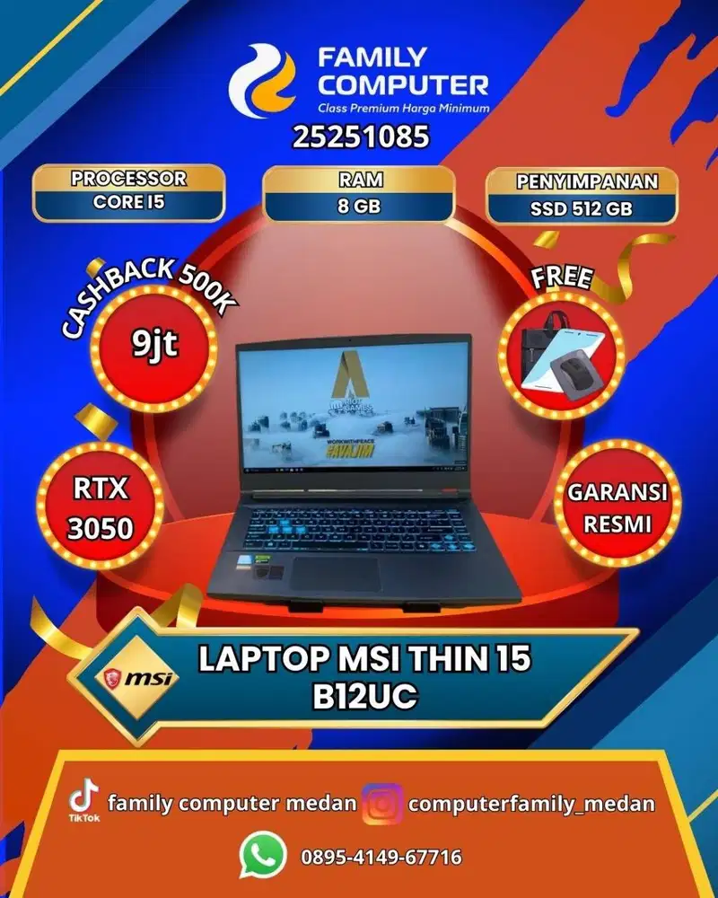 MSI GAMING THIN 15 B12UC I5 GEN 12 RAM 8GB RTX 3050 SSD 512GB FULLSET
