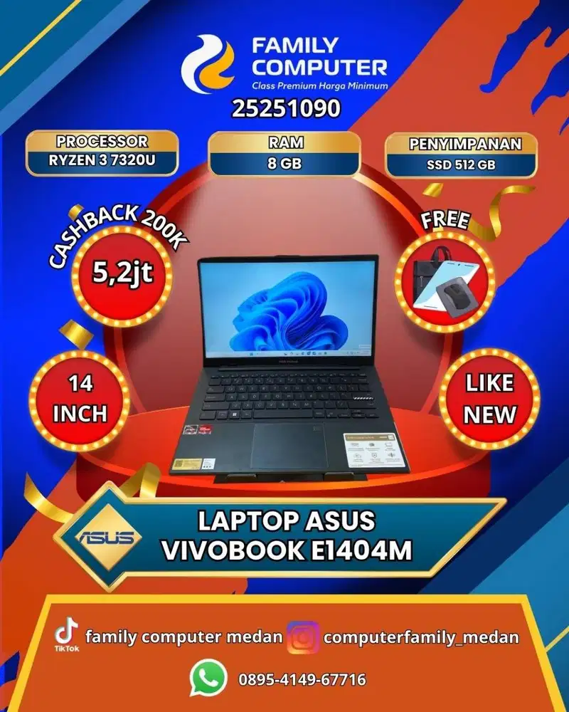 ASUS VIVOBOOK E1404F GARANSI RESMI 2027 R3-7320U 8GB SSD 512GB OKE