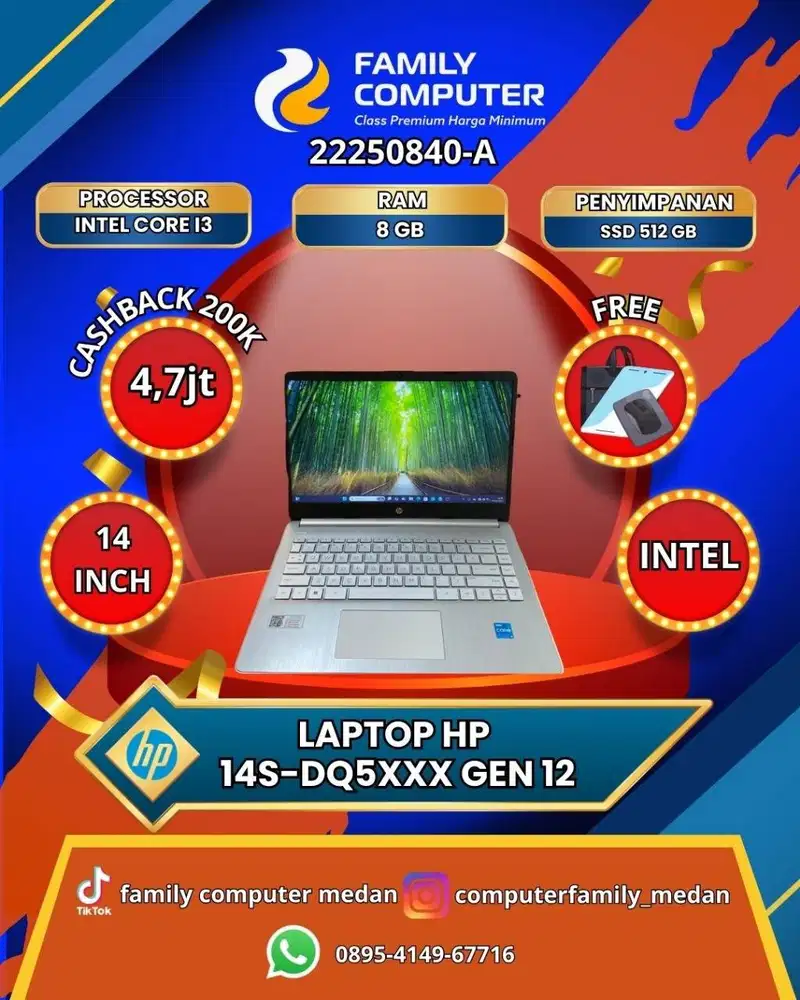 HP 14S-DQ5XXX COREI3 GEN 12 8GB SSD 512GB GARANSI RESMI LIKE NEW LAMPU