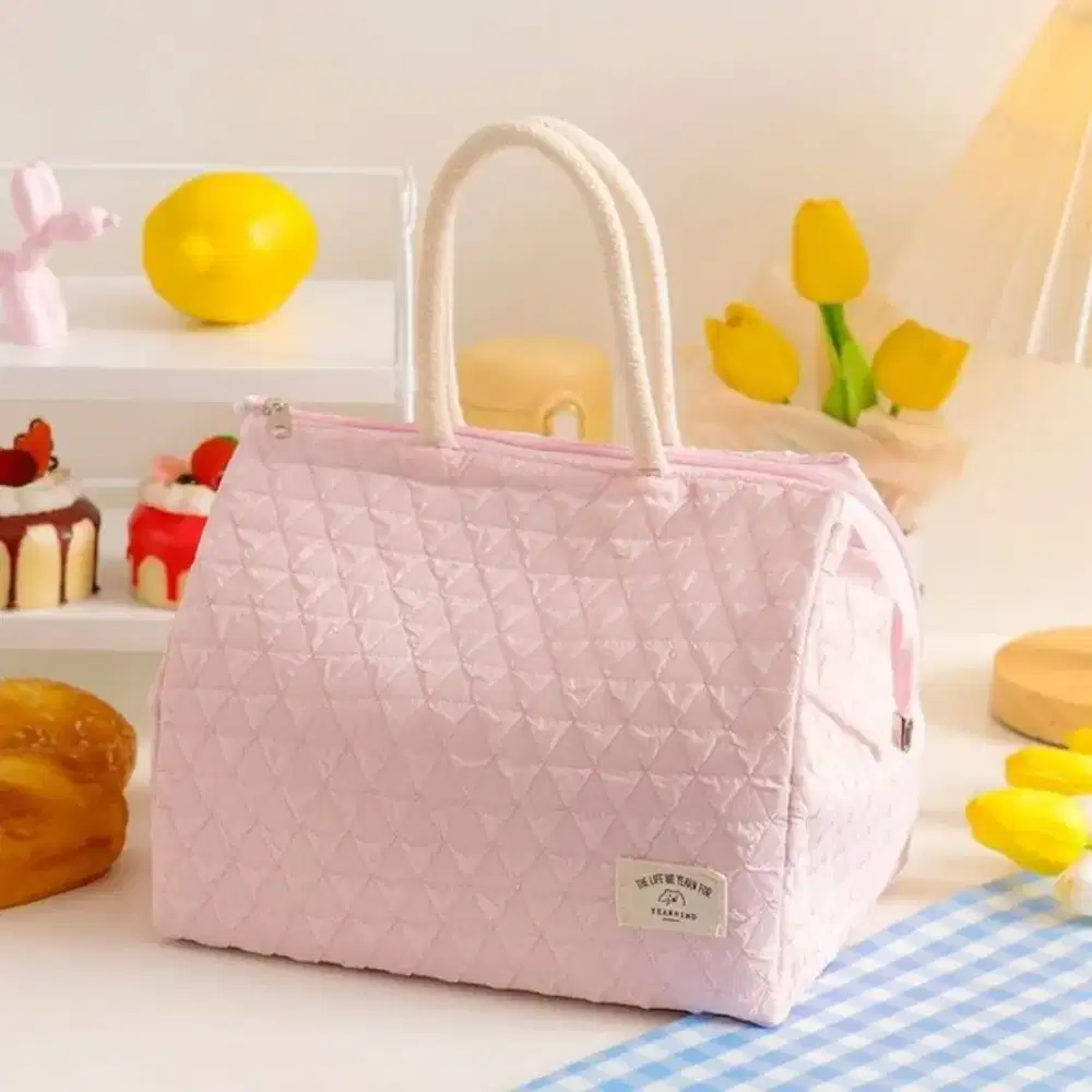 Tas Bekal Cooler Bag Pink Motif Quilted - Lunch Bag Mewah