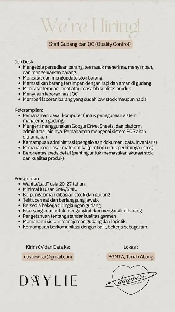 DICARI STAFF GUDANG/QC